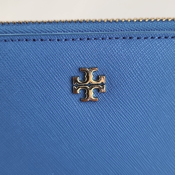 Tory Burch Robinson Continental Leather Zip Wallet Wristlet Royal Blue Gold - Picture 3 of 15